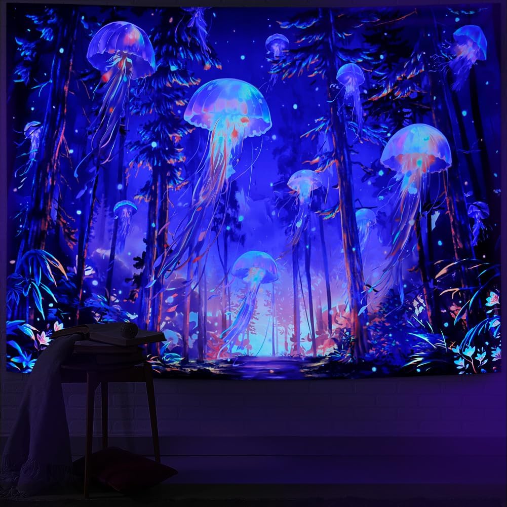 Blacklight Forest Jellyfish Tapestry UV Reactive Nature Tree Tapestry Trippy Fantasy Starry Sky Tapestries Aesthetic Jungle Plants Tapestries Wall Hanging for Bedroom