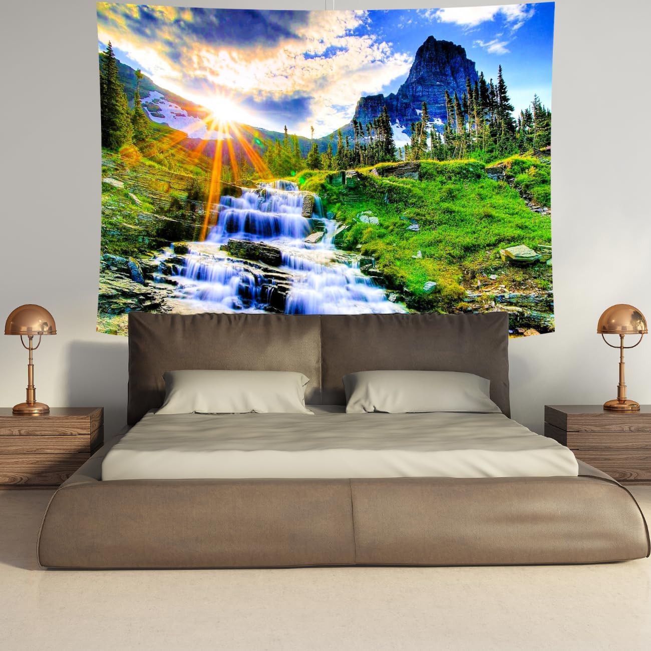 Delur Mountain Waterfall Tapestry Sunset Forest Tree Nature Landscape Tapestry Wall Hanging Tropical Sunrise Rainforest Psychedelic Scenic Headboard for Bedroom Living Room Home Decor (59.1" x 78.7")