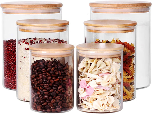 Glass flour Jars with Airtight Lids, 6 Pack Sugar and Flour Salt Containers Set, Extra Large Glass Rice Jar with Bamboo lid for Kitchen, Brown Suger, Beans, Groub Coffee (100OZ/54OZ/27OZ)