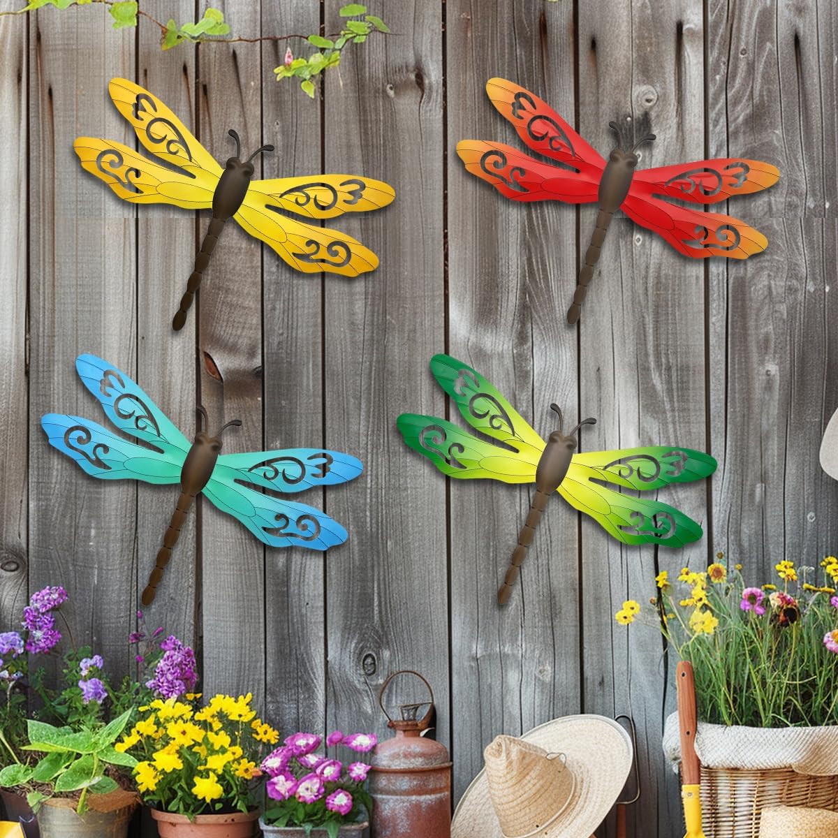 Metal Dragonfly Wall Decor, 4 Pack 14inch Metal Dragonfly Wall Hanging Sculpture Decor for Outdoor, Yard Patio Fence Garden Outside Decorations