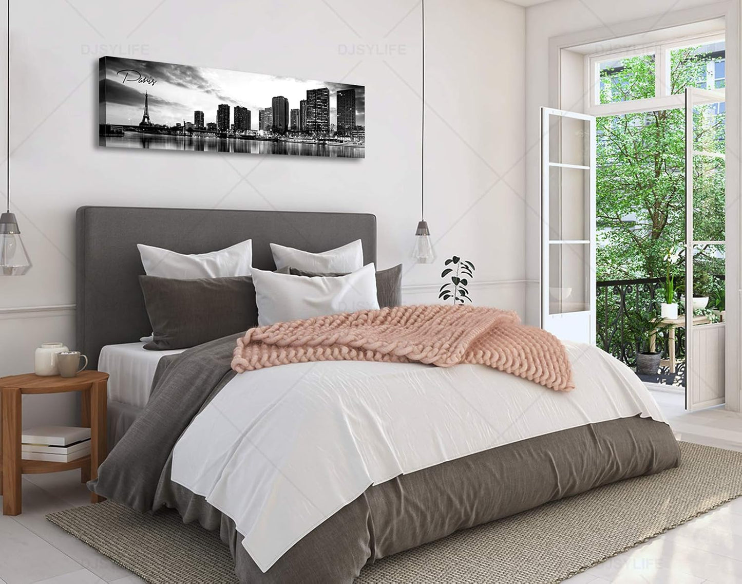 DJSYLIFE Paris Eiffel Tower Skyline Wall Art Black and White Modern City Night View Panoramic Cityscape Picture Paintings Canvas Prints Office Room Home Decoration Artwork Framed 13.8"X47.3"