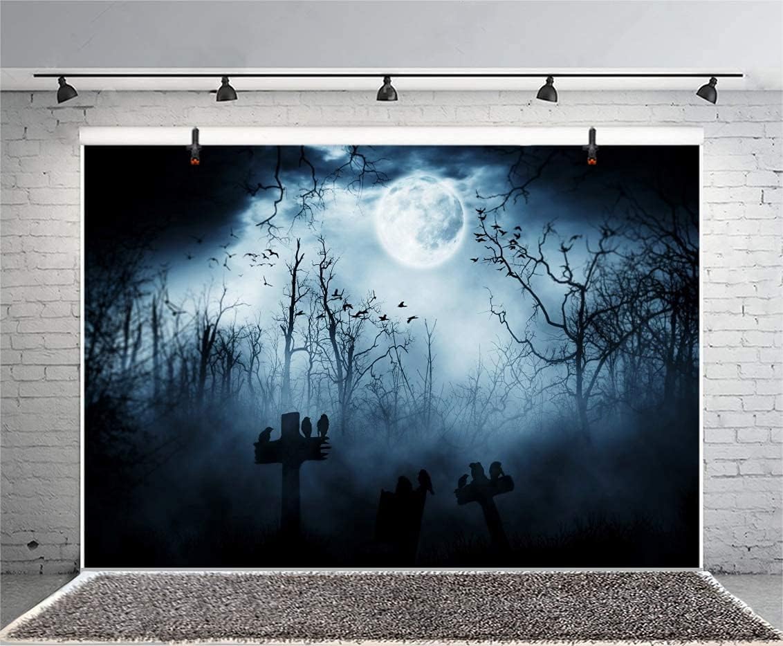 AOFOTO 8x6.5ft Moon Night Halloween Cemetery Photography Backdrop Flying Bats Birds Stand on Gravestone Cross Graveyard in Dark Forest Photo Background Cloth Vinyl Wallpaper Photo Studio Props Vinyl