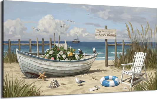 amatop Oversized Coastal Canvas Wall Art – Nautical Seaside Landscape Floral Boat on Sandy Beach Ocean Seabirds Horizontal Decor Large Wildflower Nature Artwork for Living Room Bedroom Office 58×29 Inch
