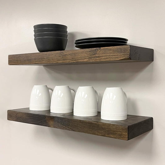 URBANDI, Rustic Floating Shelves, Set of 2, Hidden Bracket, Solid Wood, Heavy Duty, Wall Mounted Shelves, (Dark Brown, 24Wx12D)