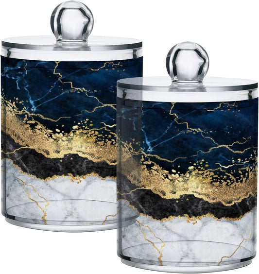 2 Pack Qtip Holder Dispenser Navy Blue Marble Bathroom Storage Canister Lid Acrylic Plastic Apothecary Jar Set Vanity Makeup Organizer for Cotton Swabs/Pads/Floss