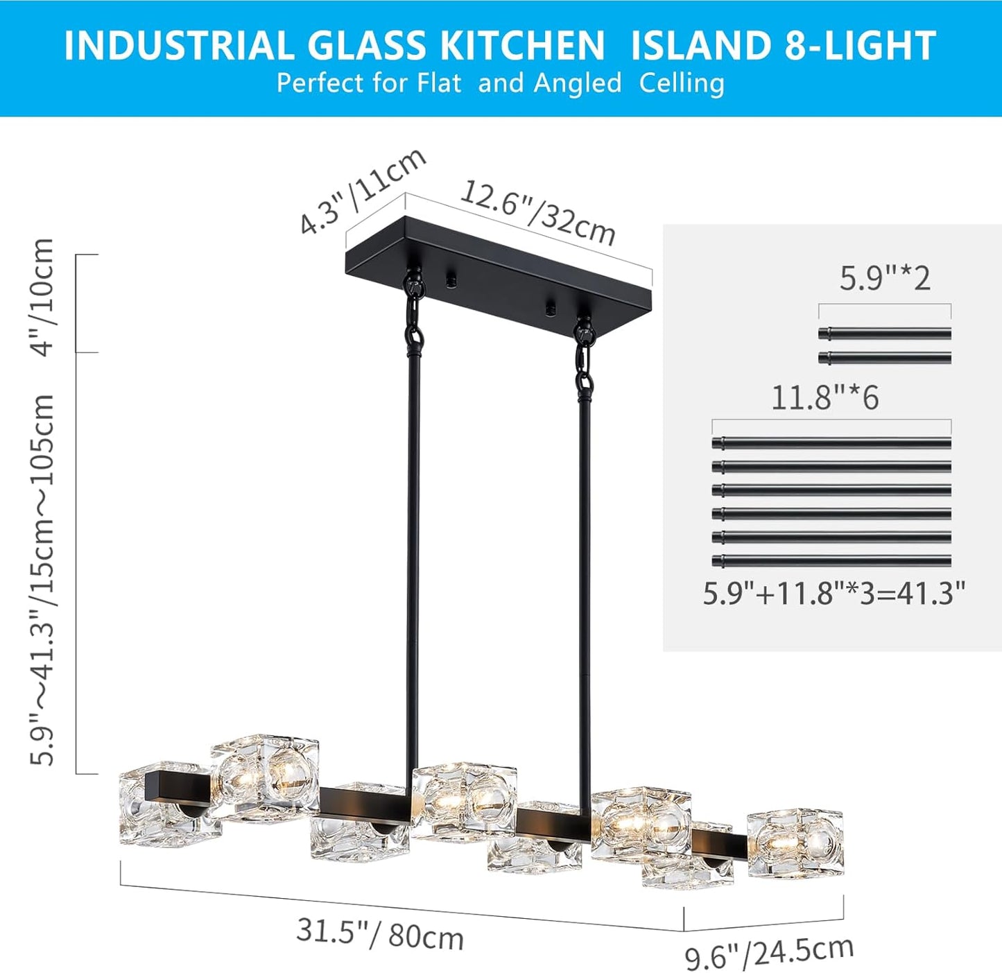 XINGQI Modern Chandeliers for Dining Room Over Table, 8-Light Rectangular Kitchen Island Light Fixture, Linear Farmhouse Metal Glass Black Vintage Hanging Lamp for Living Room Bar