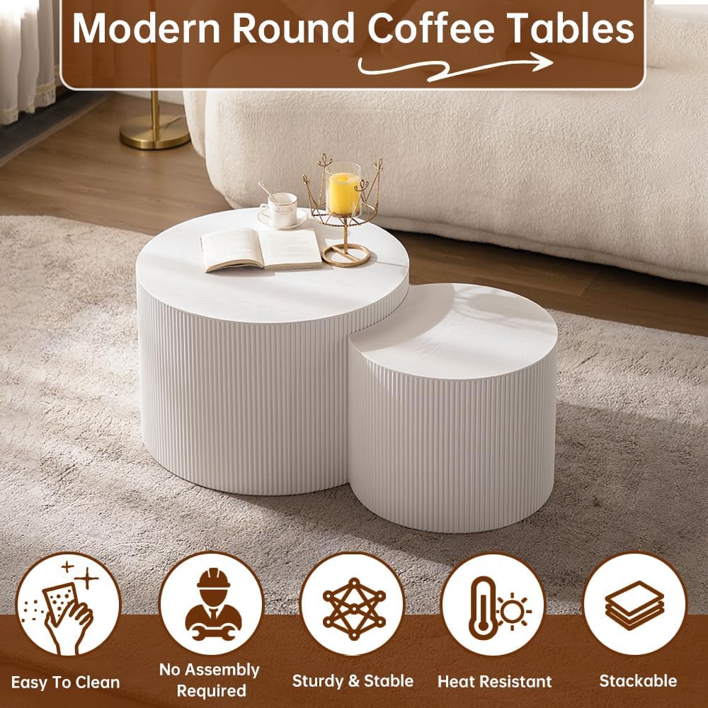 Round Nesting Coffee Table Set of 2 Modern White Fluted Coffee Table Small Round End Table Crescent Side Table Circular Coffee Tables Nested Coffee Tables for Living Room (Cream Small)