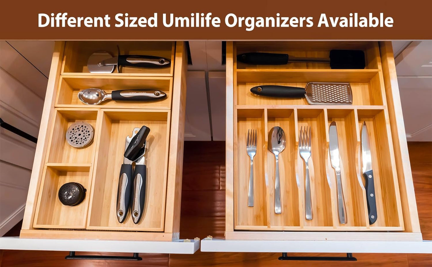 Umilife Drawer Organizer Storage Boxes, 2.5" High Bamboo Drawer Dividers, 3 Rearrangeable Bins for Kitchen, Office Desktop, Clothing, Makeup, vanity, Jewelry