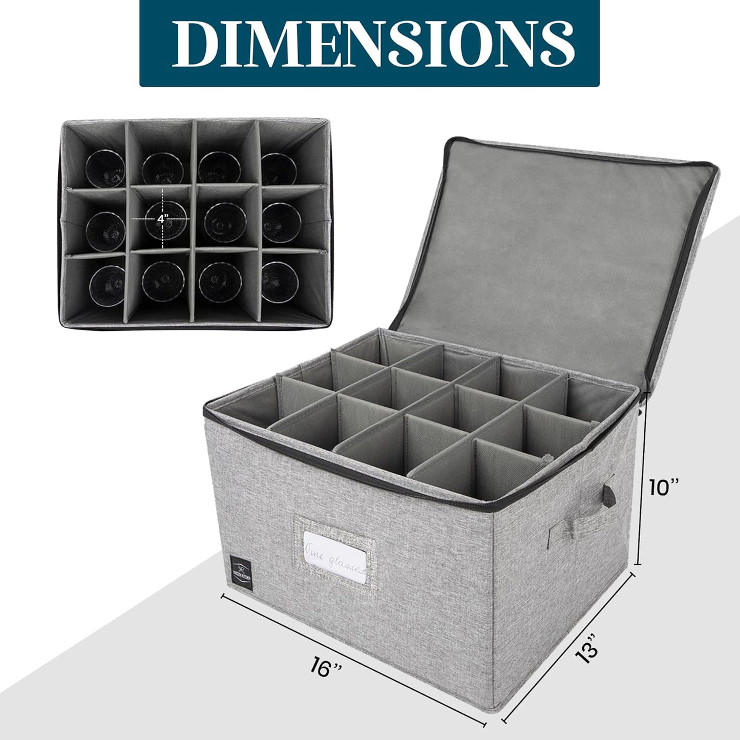 Wine Glass Storage, Holds 12 Stemware Glasses, Stackable, Fully-Padded Inside with Hard Top and Sides (Grey)