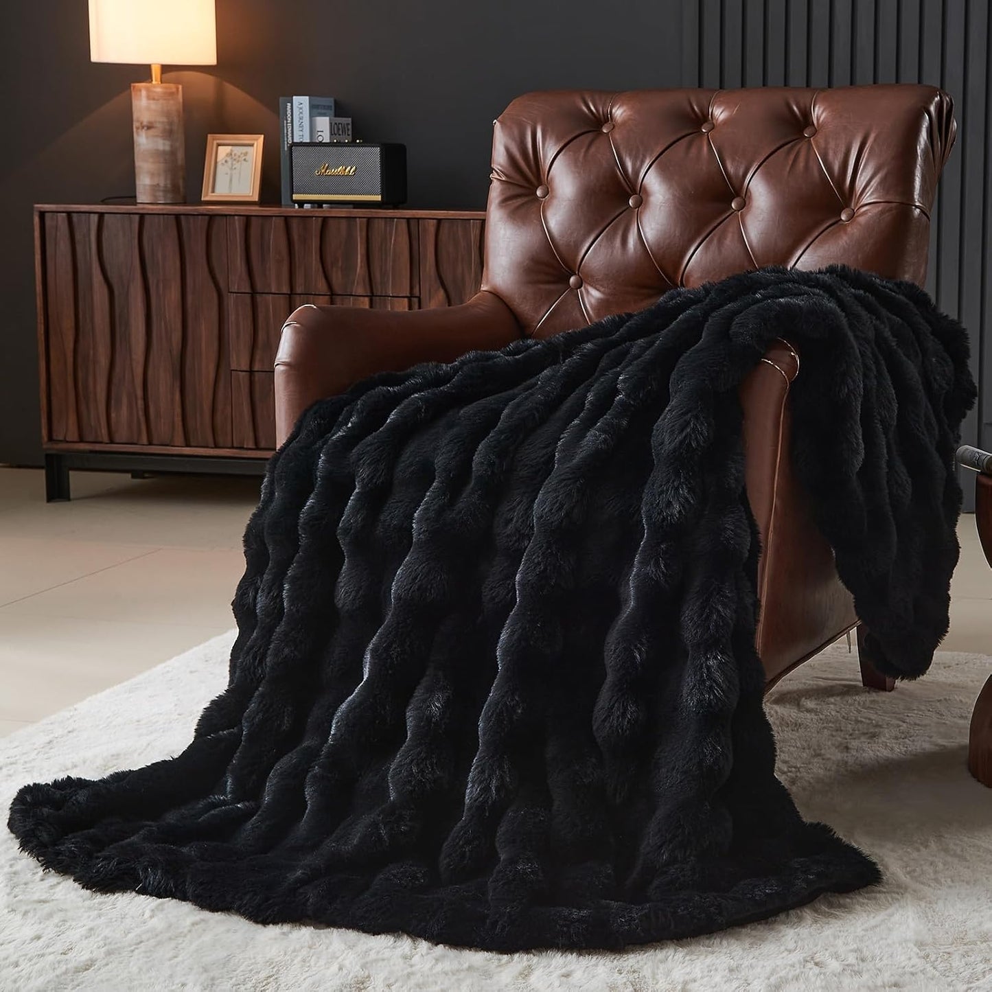 Lotus Karen Faux Fur Throw Blanket Black - Big Bubble Rabbit Fluff Blanket for Couch, Small Fluffy Fuzzy Cozy Blanket, Thick Furry Plush Shaggy Blankets, 50x60 Inches