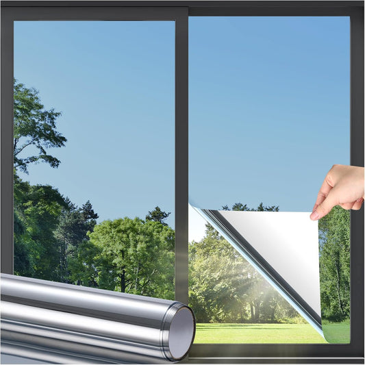 DOWELL Window Privacy Film, One Way Window Tint for Home, Static Cling Anti UV Sun Blocking Reflective Mirror Film, Heat Control See Out Not in Glass Tinting, Silver, 35.4" x 78.7"