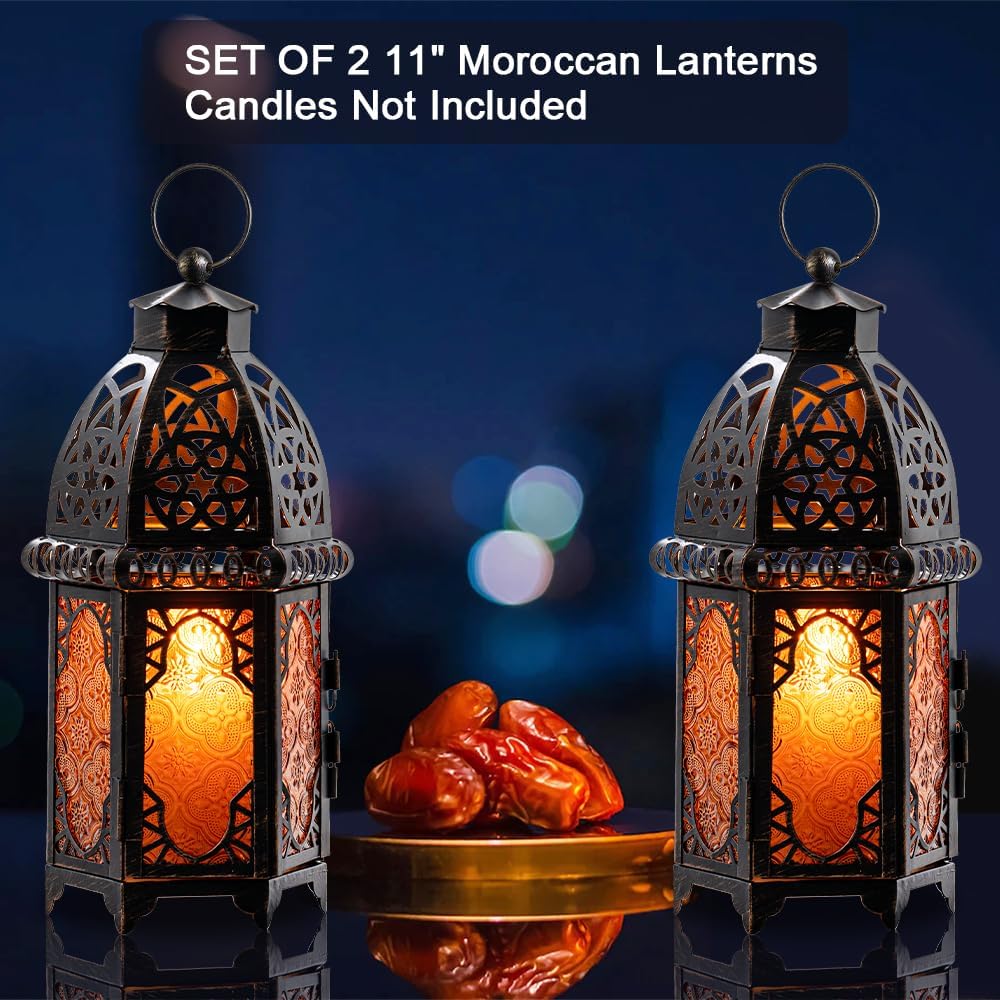 NEEDOMO Set of 2 Moroccan Lanterns Decorative Indoor & Outdoor, Hanging Candle Lantern, 11'' Vintage Candle Holder, Metal Lanterns Decorative, Table, Patio, Porch, Shelf, Gothic Home Decor (Amber)