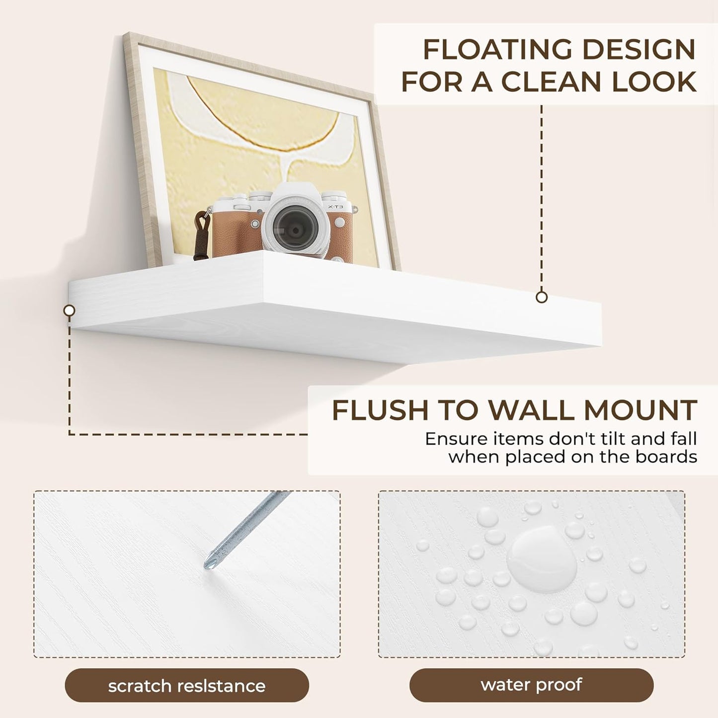 RICHFOCUS 16Inch Floating Shelves for Wall 2 Pack Shelves for Bedroom|Kitchen|Bathroom Wall Mounted Rustic Wood Floating Shelf with Invisible Brackets for Books|Storage|Decor, White