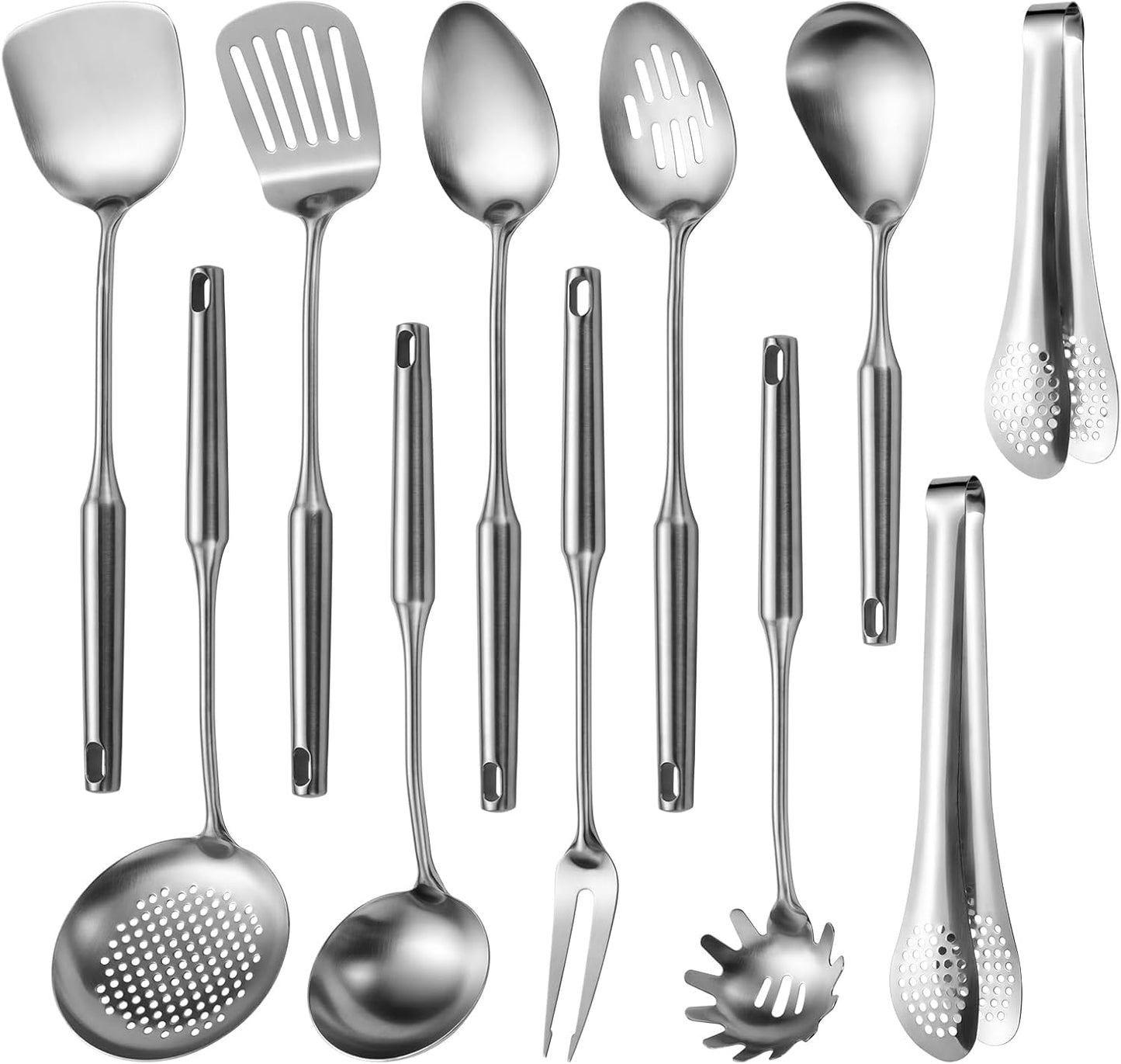304 Stainlss Steel Kitchen Utensils Set, 11 Pcs Long Metal Cooking Utensil Gadgets Tools Set with Spatula, Ladle, Spoon, Ladle, Skimmer, Tunner, Pasta Server, Tongs(Silver, Dishwasher Safe)