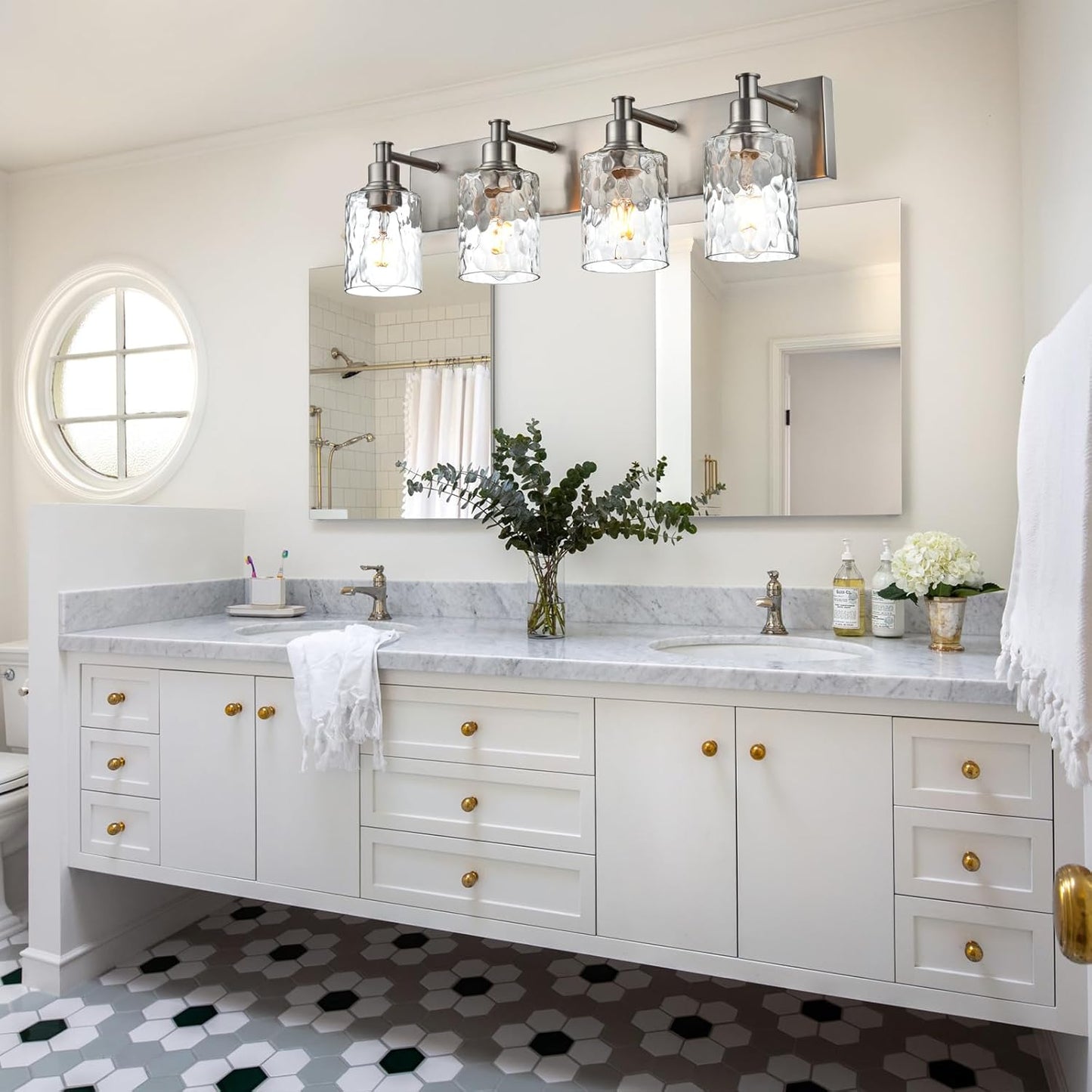 BONLICHT 4-Light Bathroom Vanity Light Fixture Brushed Nickel Industrial Wall Sconce Lighting with Hammered Glass Shade for Living Room Bedroom Hallway Porch Workshop Dressing Table