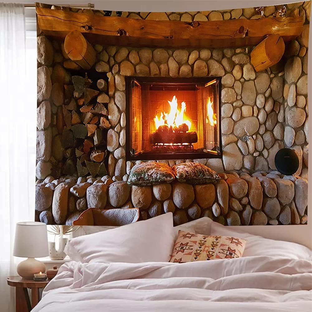 Kanora Vintage Bookshelf Tapestry Wall Hanging - Study Room Picture Art Retro Library Bohemian Hippie Tapestries Bedroom College Dorm Decor (Firplace, 59L51W)