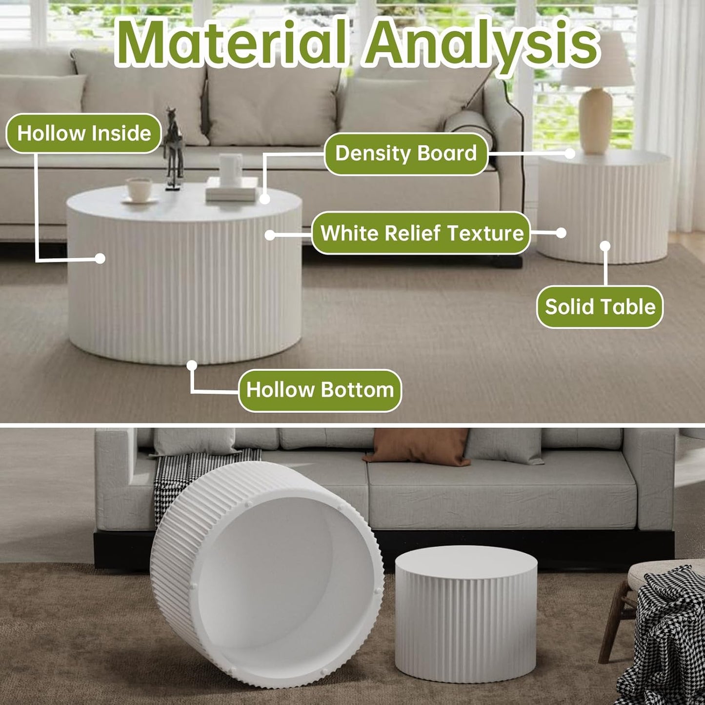 Round Nesting Coffee Table Modern White Fluted Coffee Table Set of 2 Stripe Cream Round Coffee Tables Circle Drum Coffee Tables Side Table Accent End Table for Living Room (White B Large)