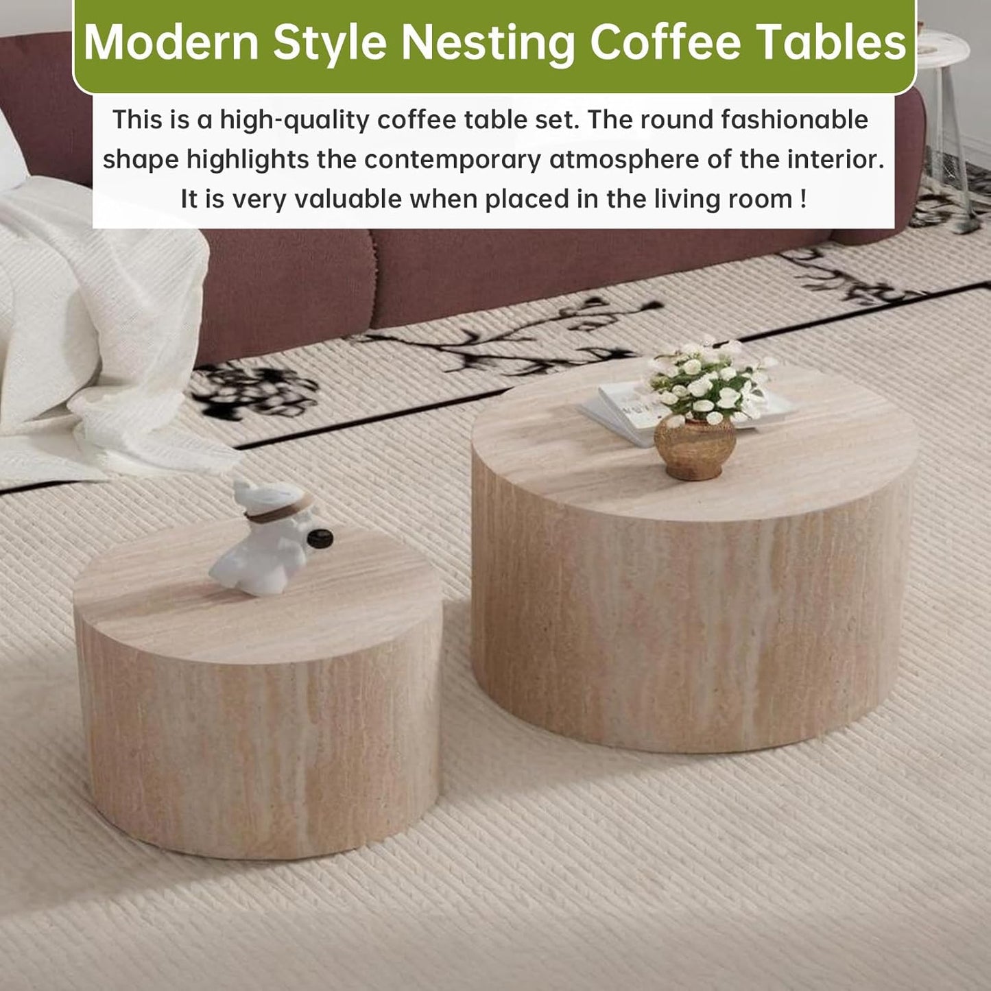 Round Nesting Coffee Table Modern Travertine Coffee Table Set of 2 for Living Room Circle Drum Coffee Tables Round Nesting Tables for Small Spaces (Travertine 26in)