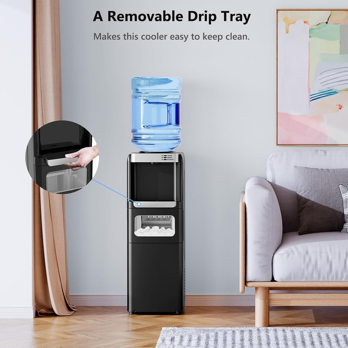 Water Dispenser with Ice Maker Function, Top Loading Hot and Cold Water Cooler for 5 Gallon Bottle - Includes Child Safety Lock - Water Machine for Home, Office, Garage - Black