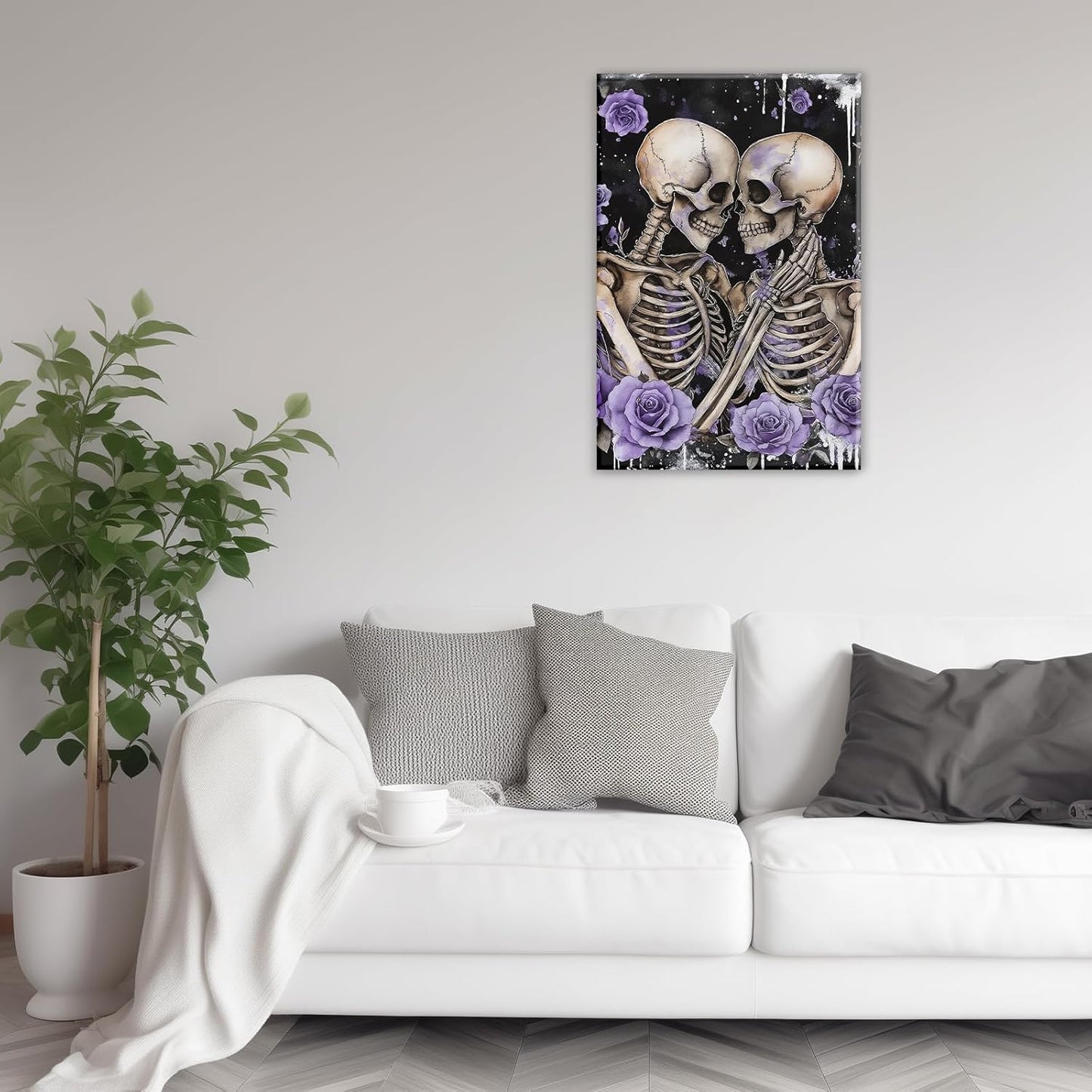 Skull Canvas Wall Art Couple Skeleton Holding Each Other Picture Art Poster Abstract Lover Painting Modern Artwork Horrible Halloween Decor(Artwork-2,12"x18")