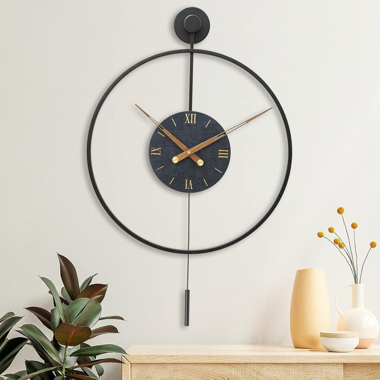 Large Modern Wall Clock,Wall Clocks for Living Room Decor,Classical Metal Minimalist Roman Numeral Dial,Big Decorative Farmhouse Pendulum Wall Clock With Walnut Pointers for Office,Dining Room