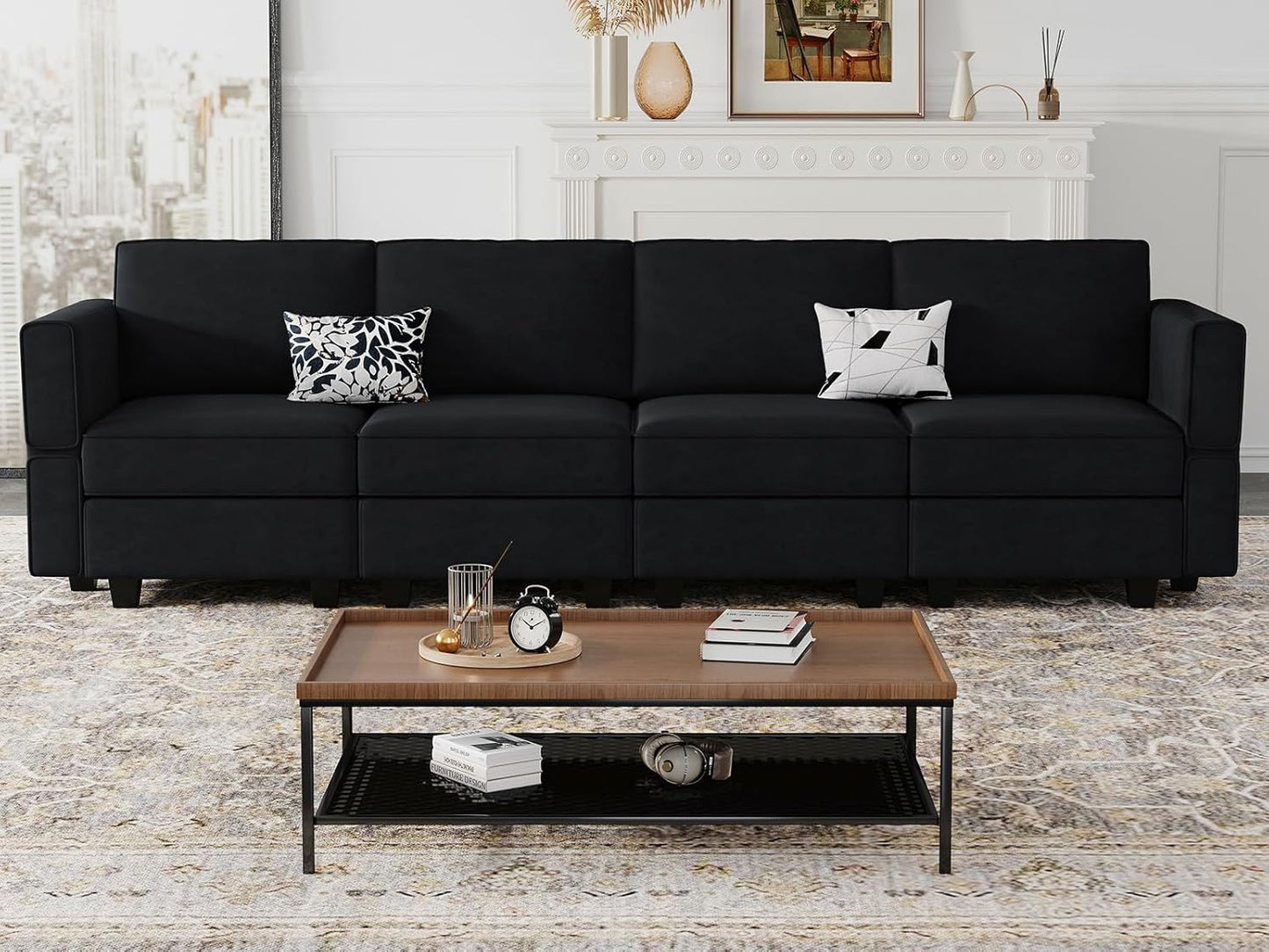 Belffin Modular Sofa Couch with Storage Seats Sectional Sofa Velvet Sofas for Living Room Black