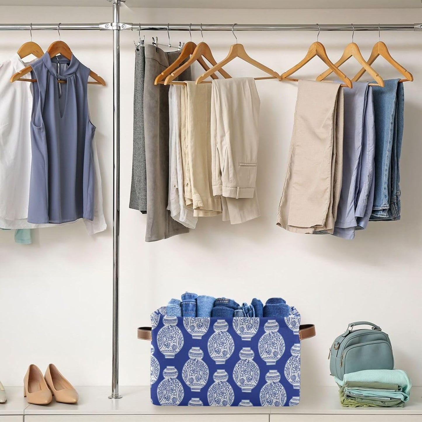 susiyo Storage Baskets for Shelves Organizer Baskets with Metal Frame Closet Storage Bins Fabric Bins Cubes with PU Handles for Organizing Shelf Nursery Toys 2 PACK,Blue Chinoiserie Vases