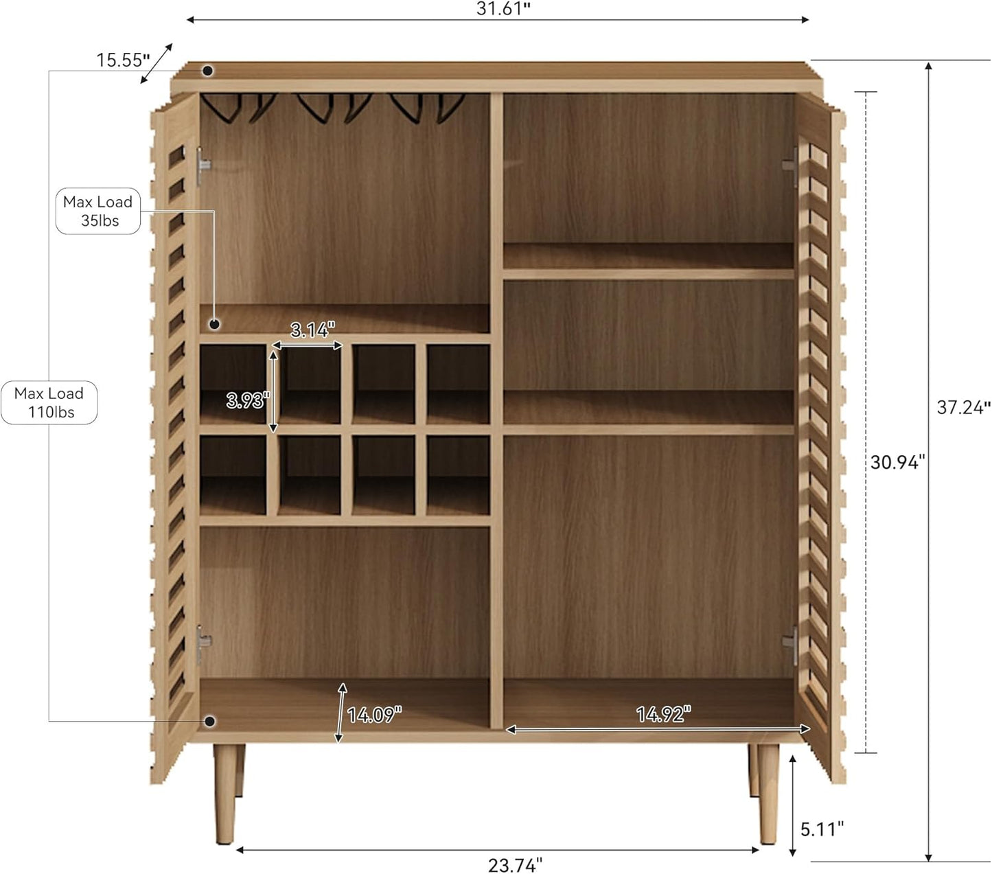 Mid Century Bar Cabinet with Wine Racks, Modern Liquor Cabinet with Slatted Doors for Dining Room, Living Room (Natural Color)