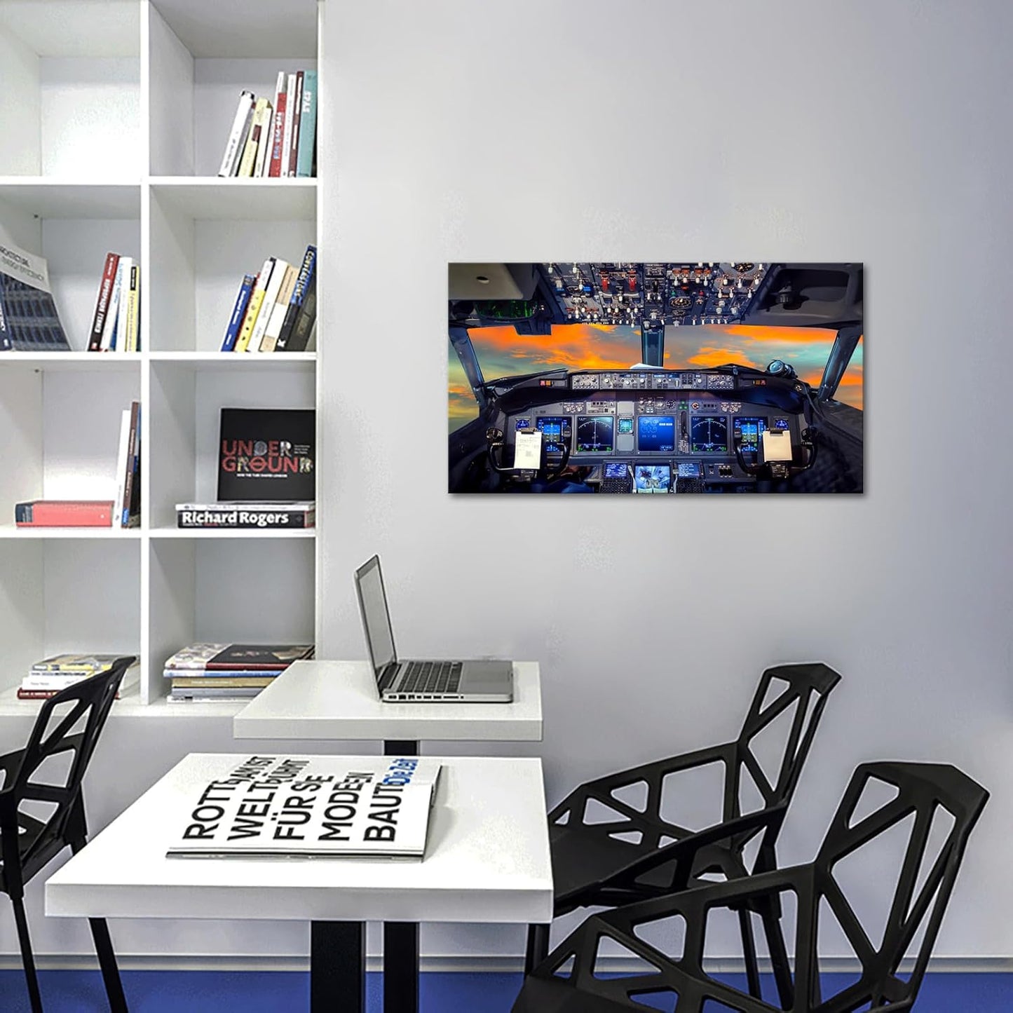 KREATIVE ARTS Canvas Prints Wall Art Airplane Cockpit Flight Deck in Sunset Photo Art Print Plane Poster Modern Home Decor Stretched and Framed Ready to Hang for Office Decorations 20x36inch