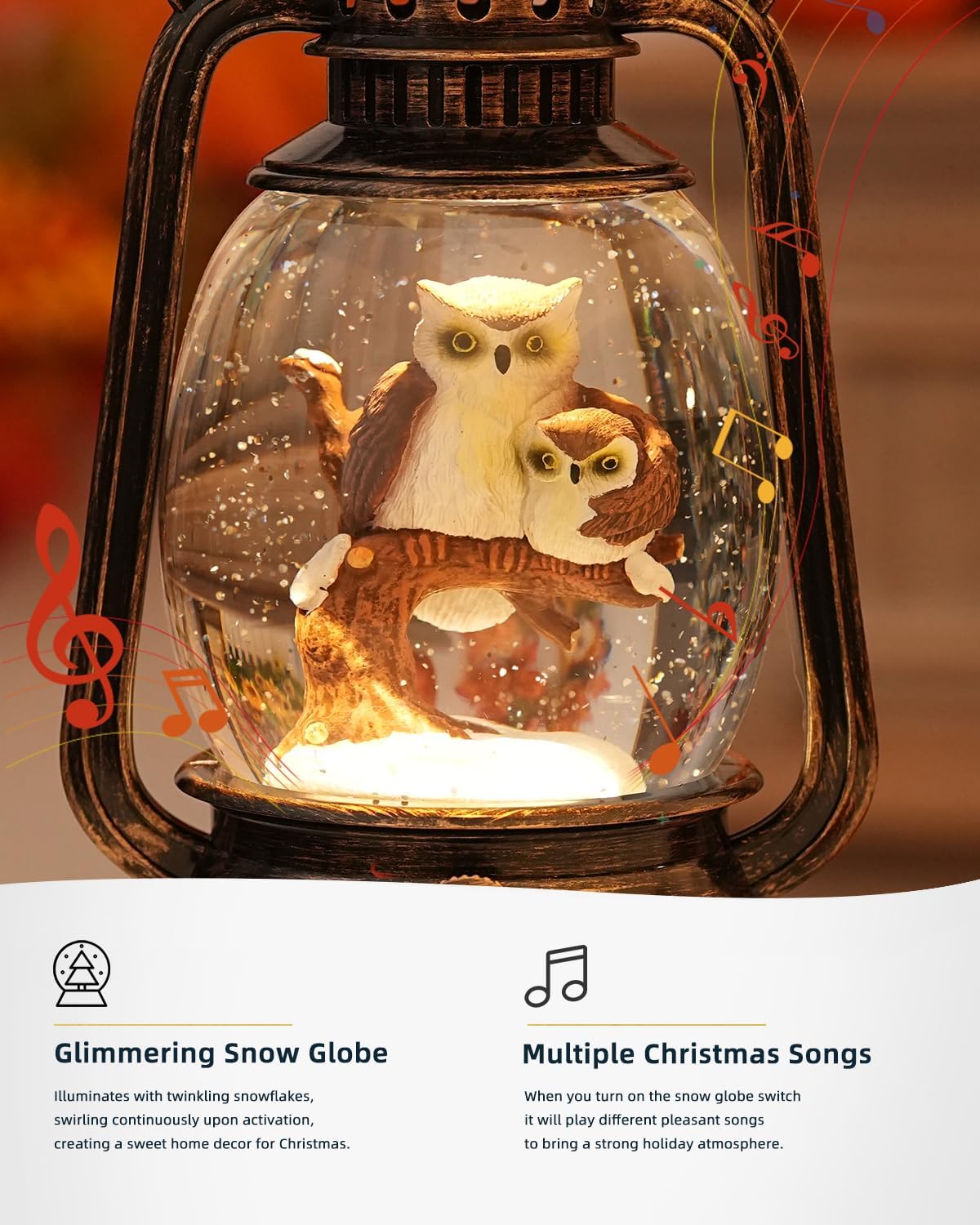 Snow Globe Christmas Decorations - Musical Christmas Snow Globes with 6H Timer,Owls Family Scene Snow Globes Lantern USB or Battery Powered,Christmas Decorations Decor for Home