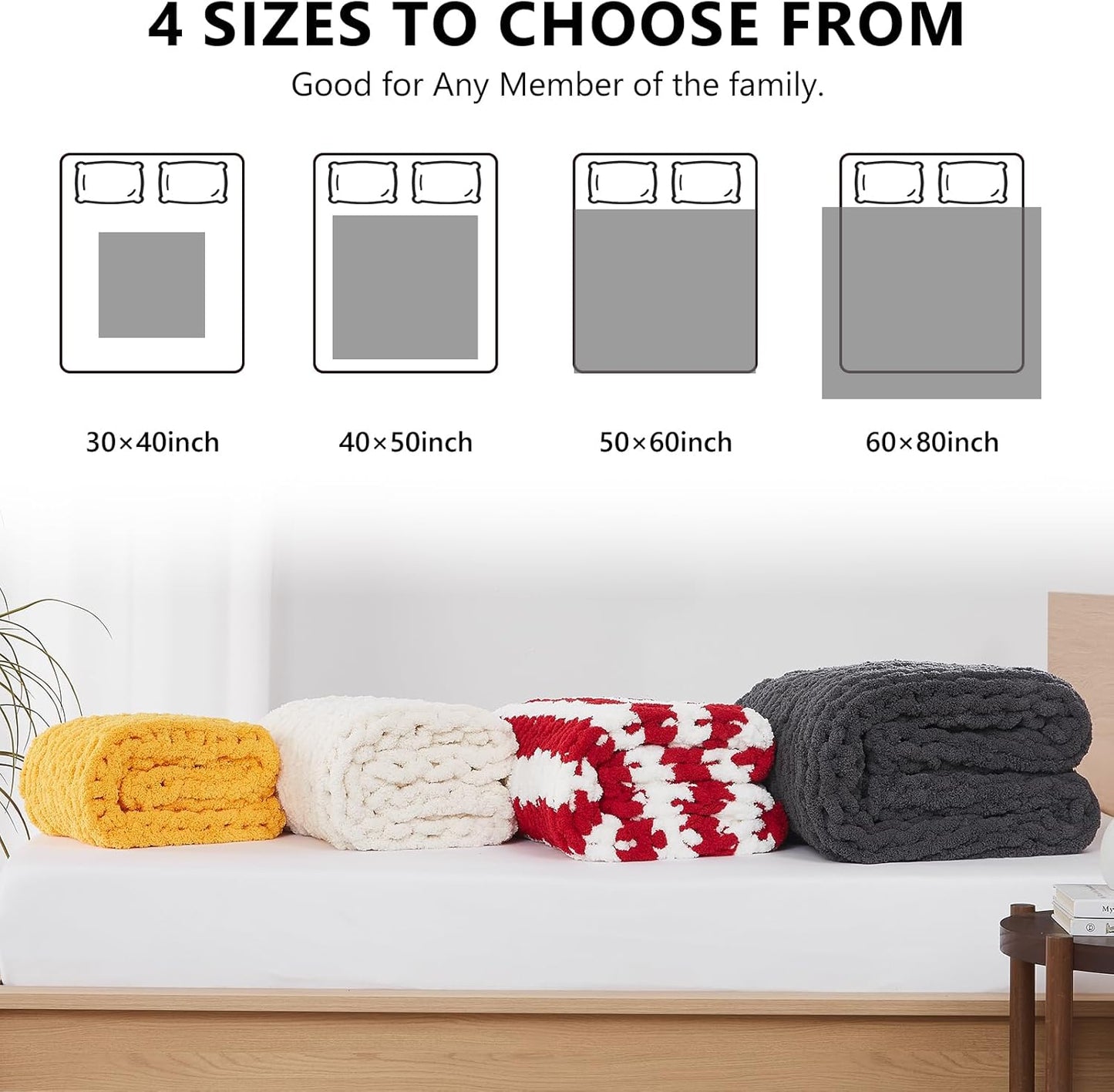 L'AGRATY Chunky Knit Blanket Throw: 30''x40'' Chenille Chunky Knitted Throw Blankets for Bed Couch - Handmade Thick Big Cable Knit Blankets - Large Crochet Rope Blanket for Home Decor(Ivory)