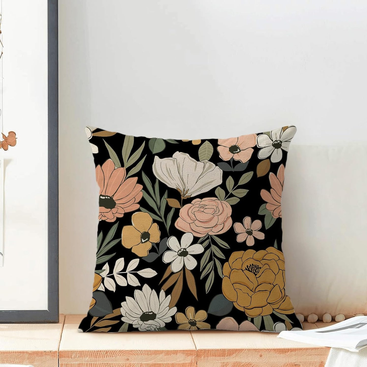 CXMEIFLY Spring Floral Pillow Covers 18 x 18 Inch Set of 2 for Vintage Pink Mustard Yellow Cream Flowers Decor Throw Pillows Plant Black Outdoor Decorative Cushion Cases for Couch Bed Decorations