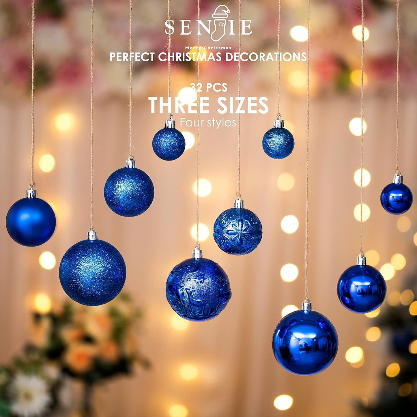 Senjie Blue Shatterproof Christmas Ornaments, 32 Pcs, Plastic, Hanging, Christmas, Wedding