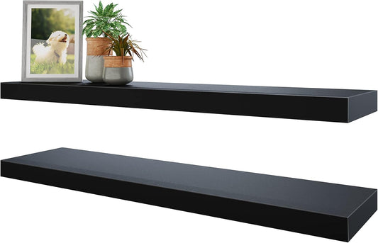 BAMEOS Floating Shelves, 31W x 8D Black Wall Mounted Wooden Shelves with Invisible Brackets Set of 2, Hanging Wall Shelves Decoration for Bedroom, Bathroom, Living Room and Kitchen