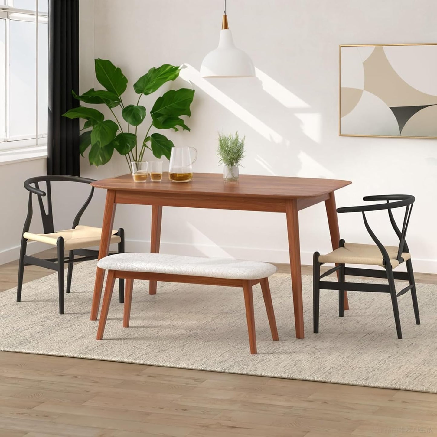 Wishbone Chair Natural Solid Wood Dining Chair/Hans Wegner Y Chair Rattan and Wood Accent Armrest Chairs Set of 2 (Ash Wood - Black + Natural Cord)