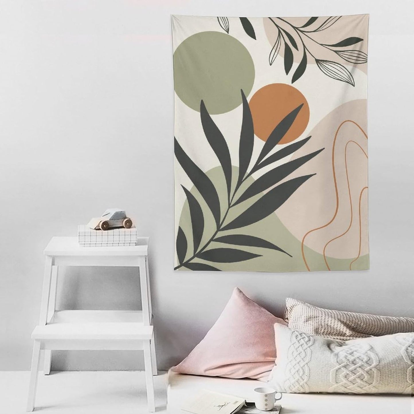 Abstract Bohemian Mid Century Tapestry, Tropical Leaves Modern Geometric Archway Minimalist Bohemian Botanical Aesthetic Wall Hanging, Sage Green Gold Home Decor Art for Bedroom 30x40 Inch