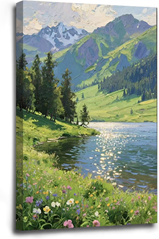 The scenery of mountain streams and green meadows is suitable for living rooms bedrooms offices landscape posters and wall paintings