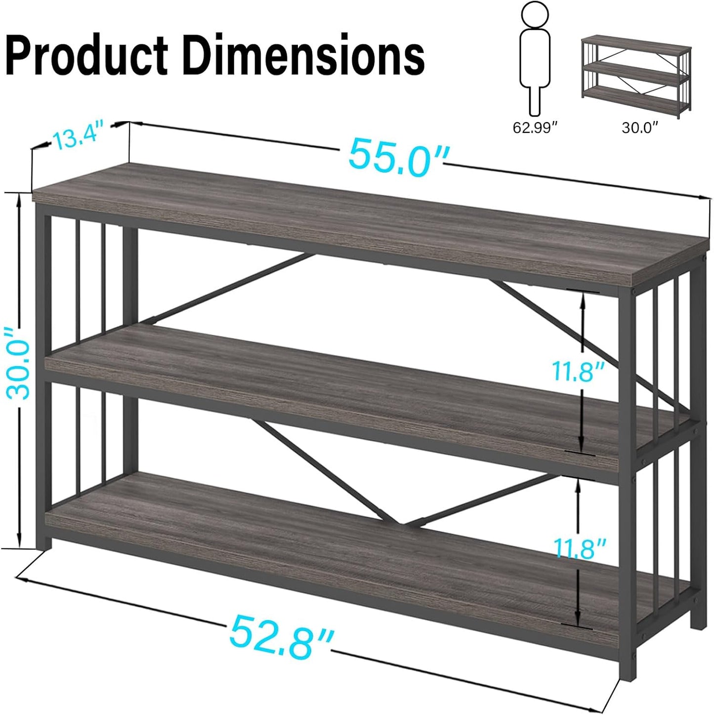 LVB Industrial Console Table, Metal and Wood Sofa Table, Rustic Entryway Table with Storage, Modern 3 Tier Shelf Long Foyer Tables Behind Couch for Home Living Room Hallway, Dark Gray Oak, 55 Inch