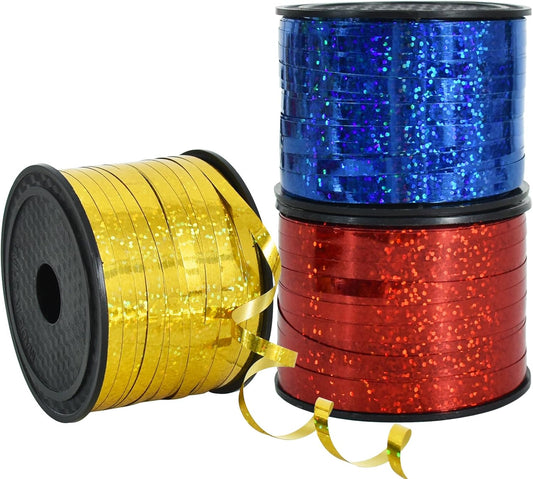 BEISHIDA 3 Pack 100 Yards Red Blue Gold Curling Crimped Glitter Ribbon Balloon String Shiny Metallic Gift Wrapping Ribbon Birthday Party Christmas Festival Art Craft Decoration