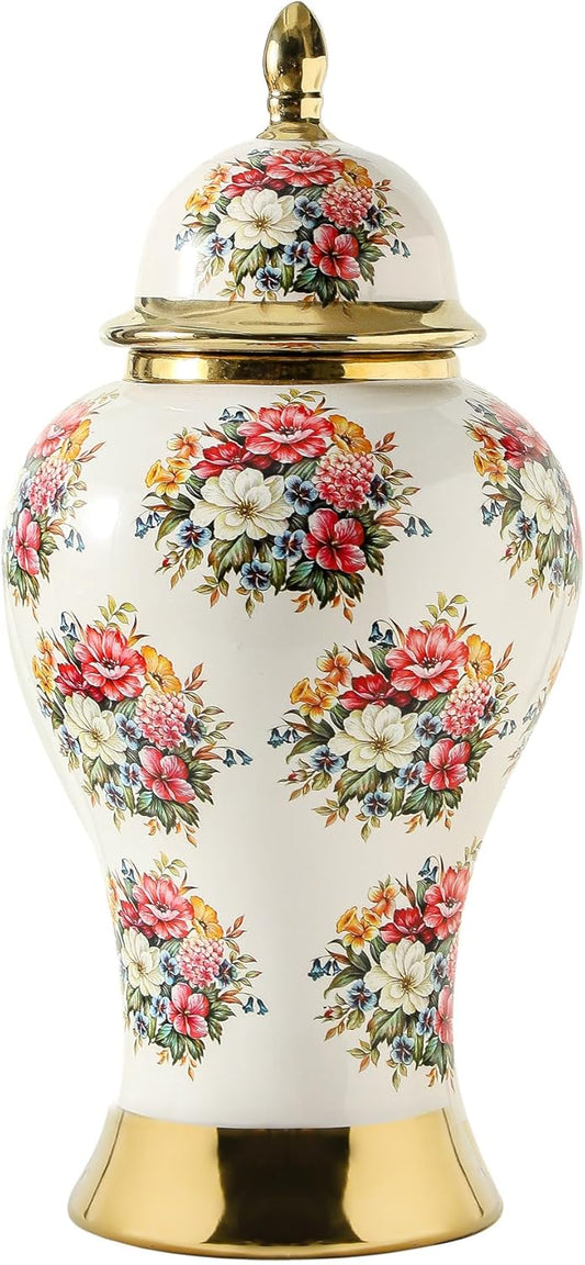 Ginger Jars for Home Decor, White Gold Ceramic Vase with Colorful Floral Pattern, Handmade Decorative Flower Vase with Lid for Home, Kitchen, Office, Table, Bookshelf, Mantle Fireplace,(12in)
