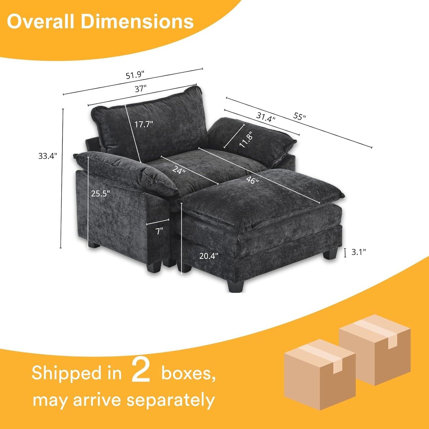 Karl home Oversized Accent Chair Chenille Sofa with Chaise, Modern Sofa Chair with Removable Ottoman Modular 1-Seater Couch and 2-Layer Ottoman for Living Room, Apartment, Studio, Black