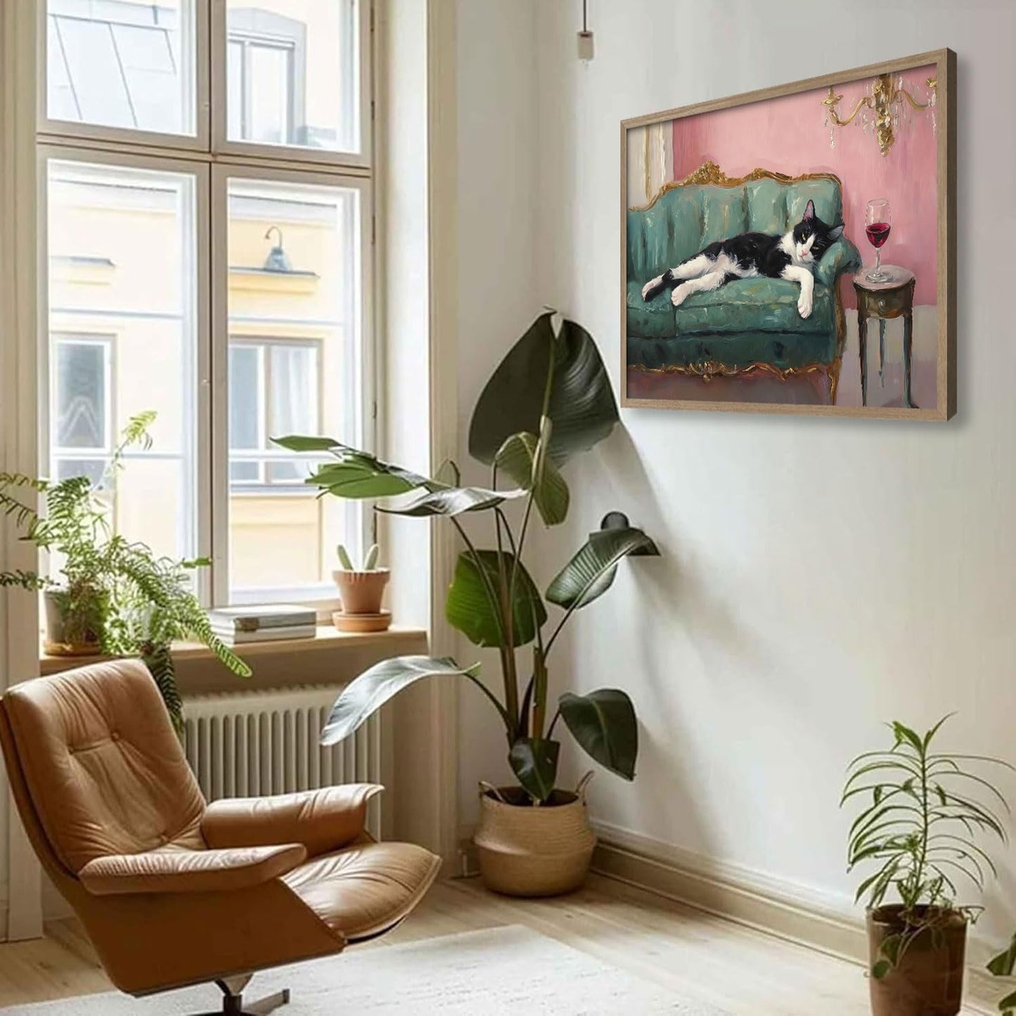 Wooden Framed Black And White Cat Wall Art Modern Style Canvas Print Lazy Persian Cat Poster Picture Decoration Painting Gallery Style Artwork Suitable For Living Room Bedroom Decoration 16x24 Inch