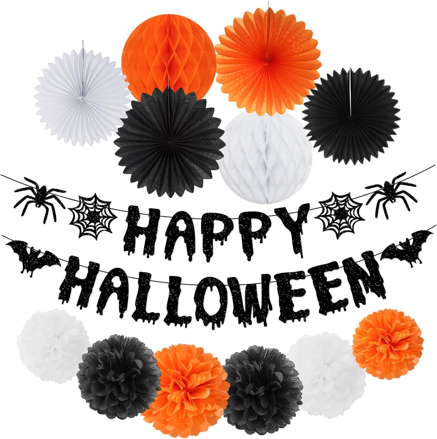 Orange Black Happy-Halloween Party Decorations - 13PCS Spider Web Bats Streamers Banner ,Paper Flowers Lanterns Tissue Pom Poms Fans, Classroom Birthday Bachelorette Hanging Supplies Decor Hugfond