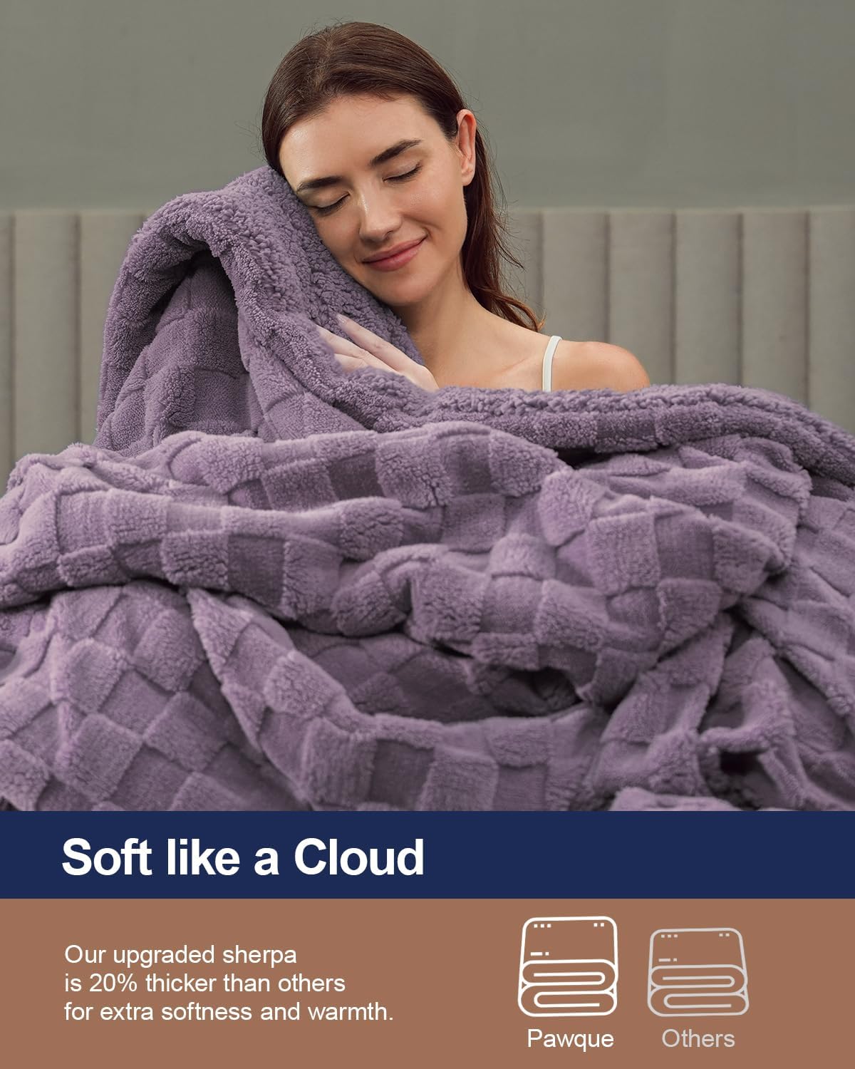 Pawque Super Soft Cozy Throw Blanket for Couch Sofa Bed - Fluffy Sherpa Fleece Reversible Thick Warm Fuzzy Blanket for All-Season, 3D Checkered Jacquard Elegant Decorative Blankets, Purple, 50" x 60"