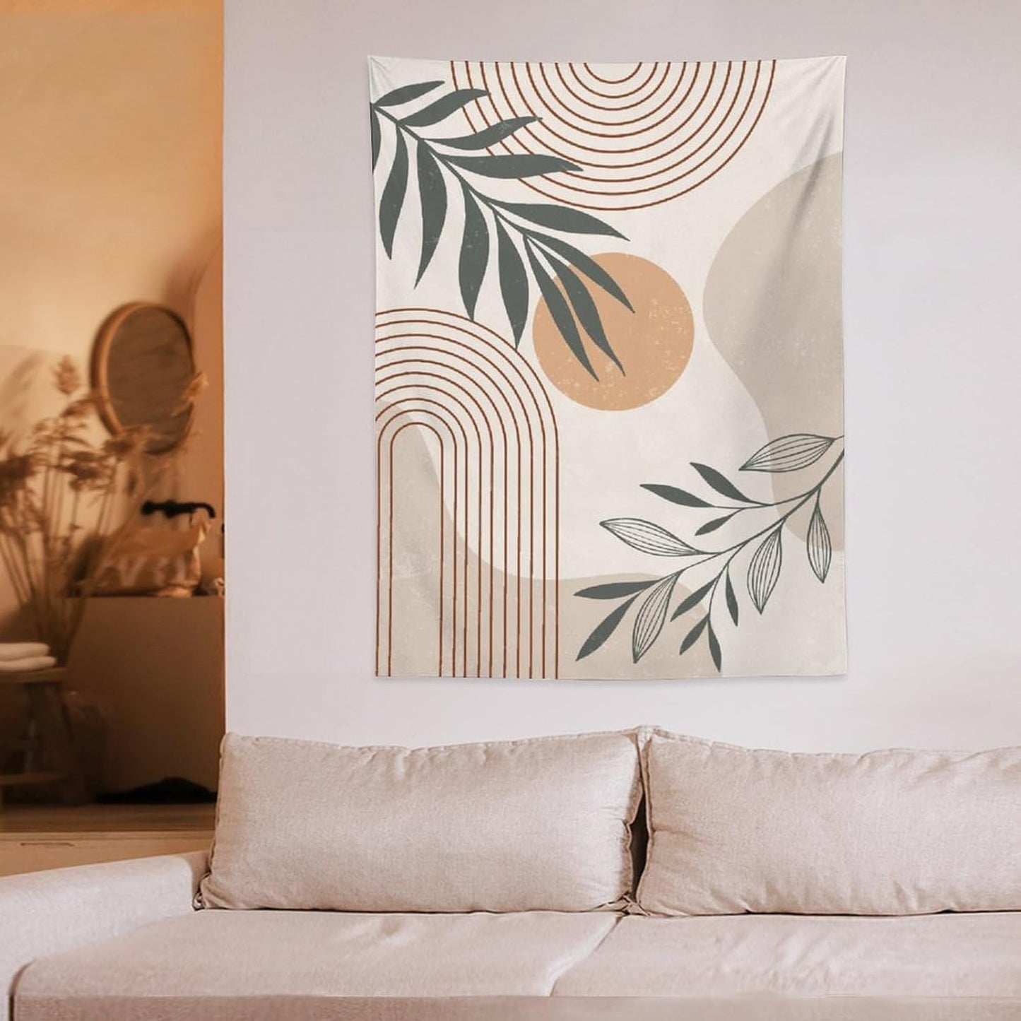 Abstract Boho Tapestry, Mid Century Tropical Tree Leaves Modern Geometric Arch Bohemian Botanical Tapestry, Home Aesthetic Wall Hanging Art Decor for Living Room Bedroom Dormitory 60x60 Inch