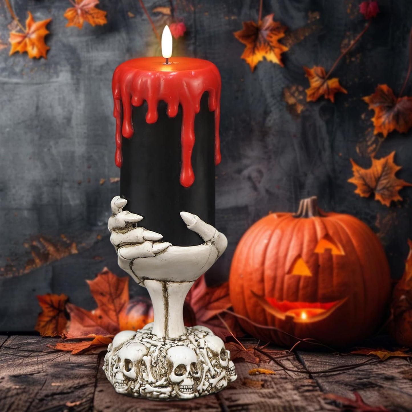 Wondise Halloween Flameless Candles with Ghost Hand, Battery Operated LED Black Candles with 6hrs Timer, Real Wax Pillar Candles with Flickering 3D Wick for Halloween Home Theme Party Decor