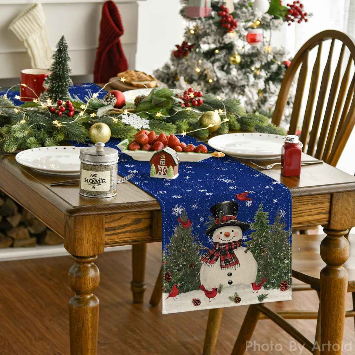 Artoid Mode Snowman Birds Trees Christmas Table Runner, Seasonal Blue Winter Holiday Kitchen Dining Table Decoration for Indoor Outdoor Home Party Decor 13 x 36 Inch