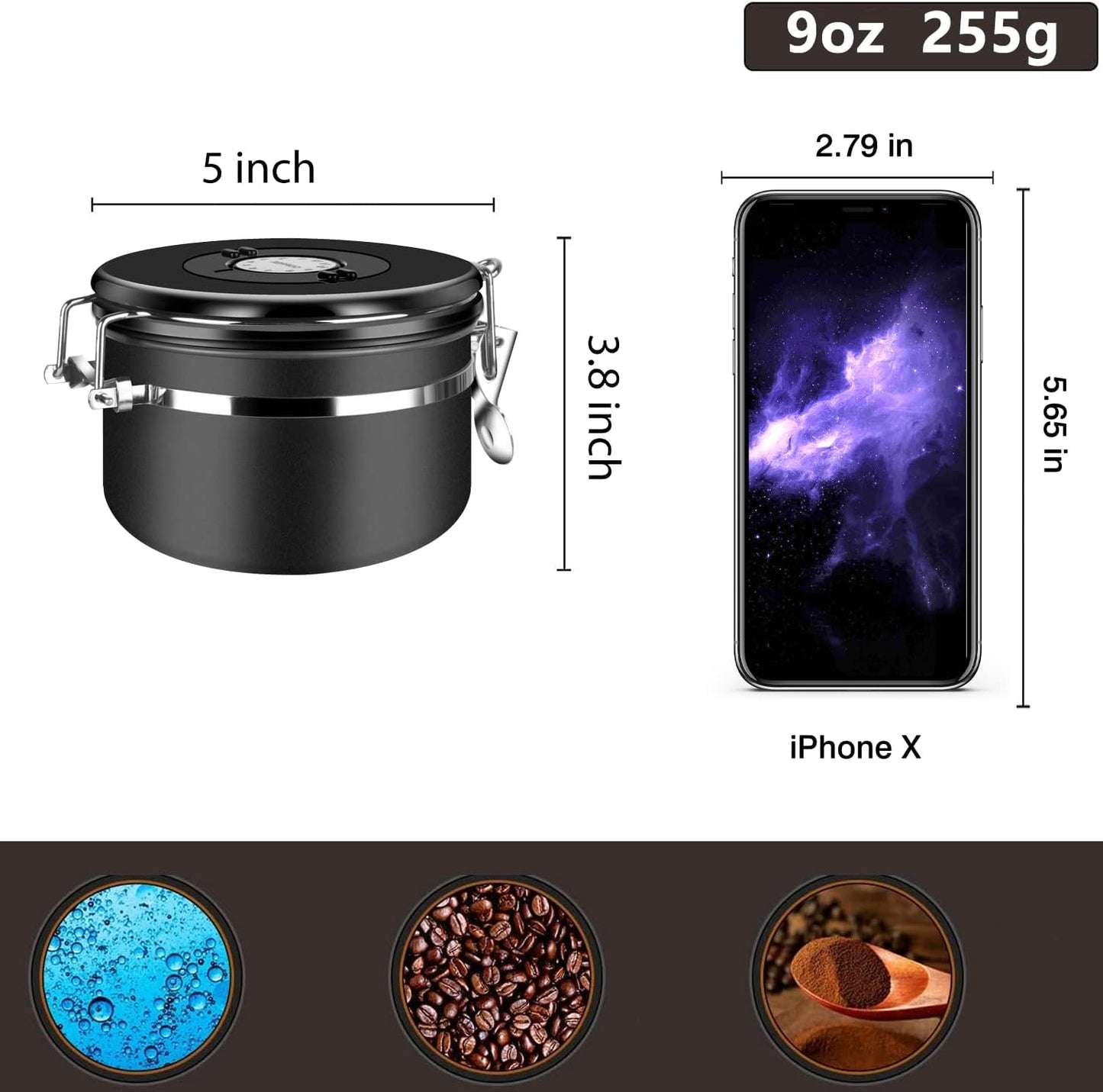 malmo Coffee Canister, Airtight Coffee Container with Date Tracker Lid, Stainless Steel Canister for Kitchen Food Storage (Black, 9oz)