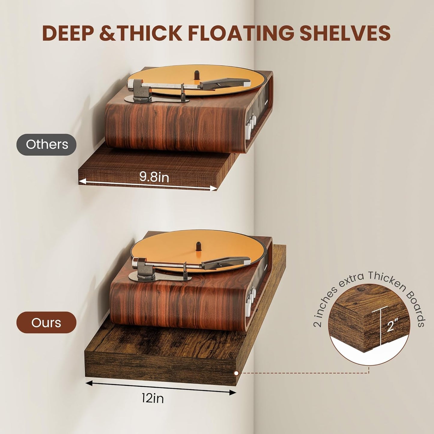 12" Deep Floating Shelves for Wall 24 Inches Long, Heavy Duty Wall Shelves for Bedroom Bathroom Kitchen Laundry Room, Farmhouse Rustic Shelves for Home Decor, 24" X 12" X 2" Set Of 2, Rustic Brown