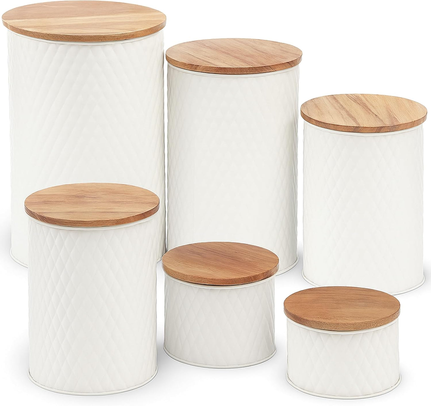 6 Canister Set for the Kitchen Countertop – Metal Food Storage Canisters with Airtight Lids for Flour, Tea, Crafts, Coffee, & Sugar – Container Set with Modern Wood Lids, White